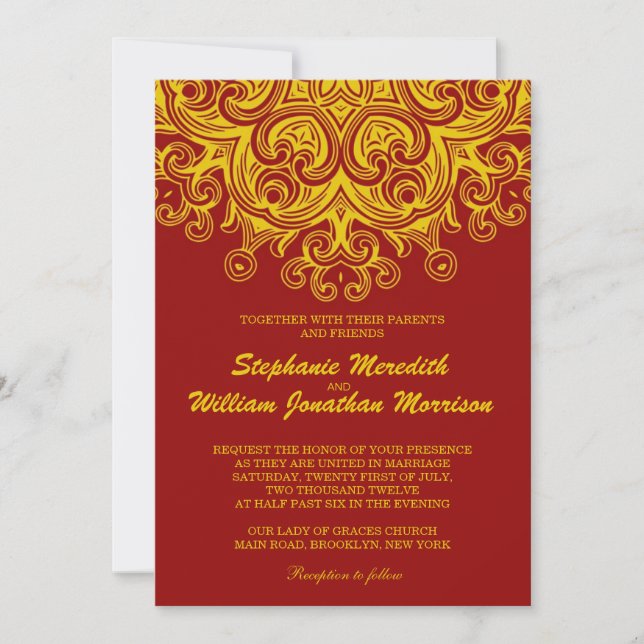 Invitación a la boda borgoñona y amarilla (Anverso)