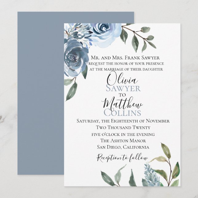 Invitación a la boda botánica azul turquesa (Anverso / Reverso)