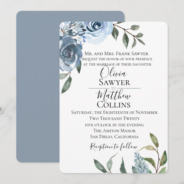 Invitación a la boda botánica azul turquesa (Anverso / Reverso)