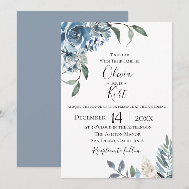 Invitación a la boda botánica azul turquesa (Anverso / Reverso)