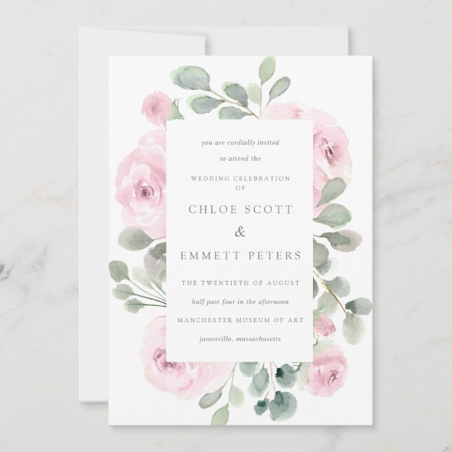 Invitación a la boda botánica con flores rosadas (Anverso)