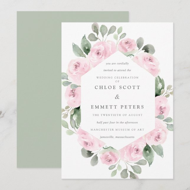 Invitación a la boda botánica con flores rosadas (Anverso / Reverso)