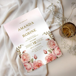 Invitación a la boda botánica con flores rosadas d