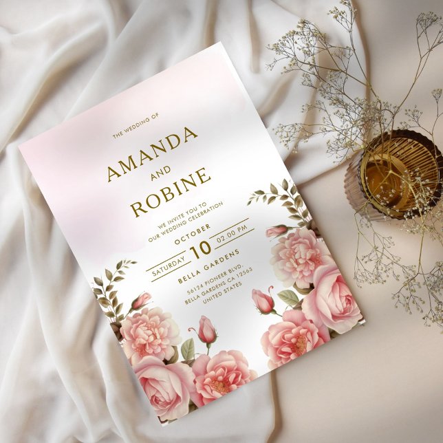 Invitación a la boda botánica con flores rosadas d (Subido por el creador)