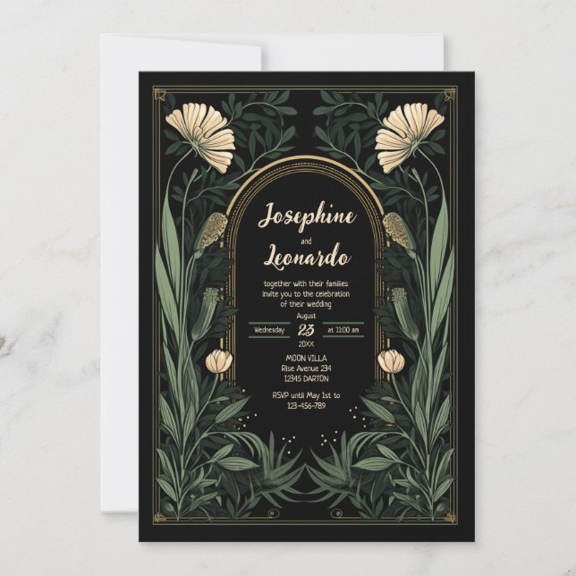 Invitación a la boda botánica de Art Nouveau oscur (Anverso)