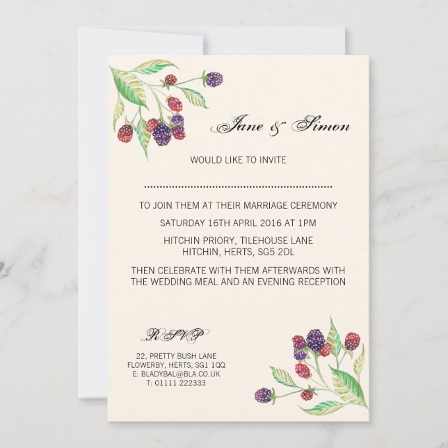 Invitación a la boda botánica de Blackberries en i (Anverso)