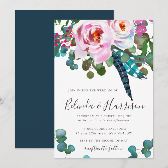 Invitación a la boda botánica de Boho Peonies (Anverso / Reverso)