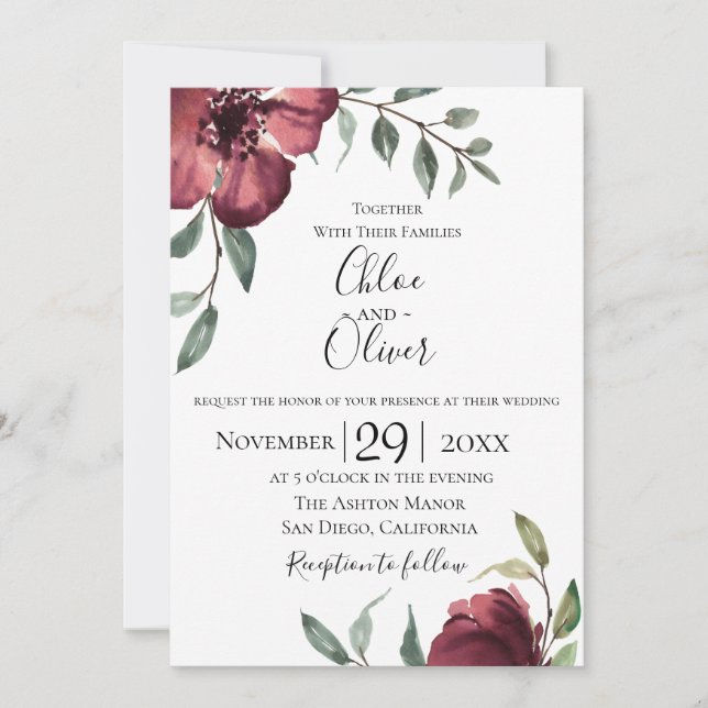 Invitación a la Boda Botánica de Borgoña (Anverso)