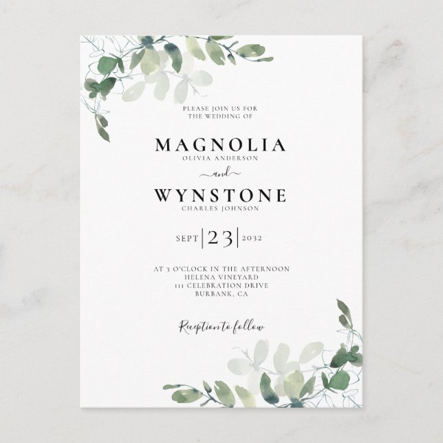 Invitación a la boda botánica de Eucalyptus (Anverso)