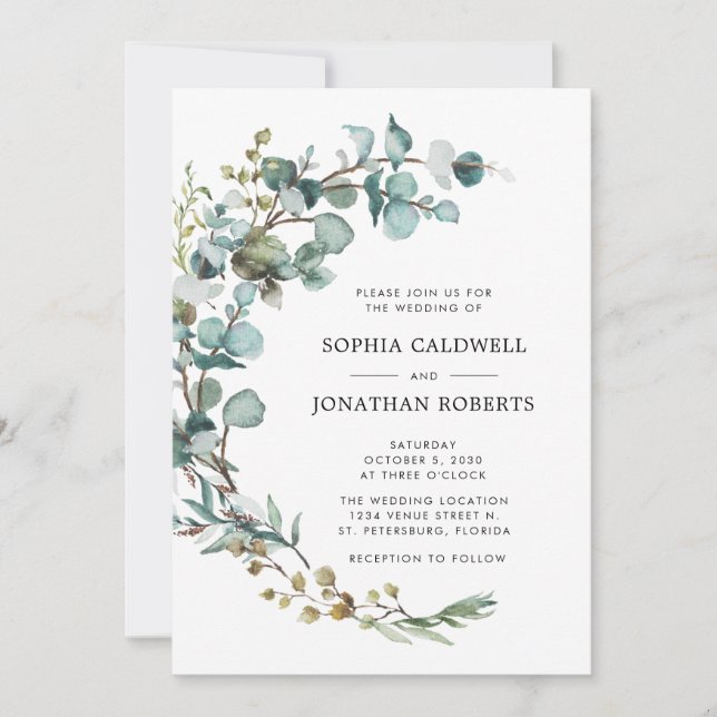 Invitación a la boda botánica de Eucalyptus (Anverso)