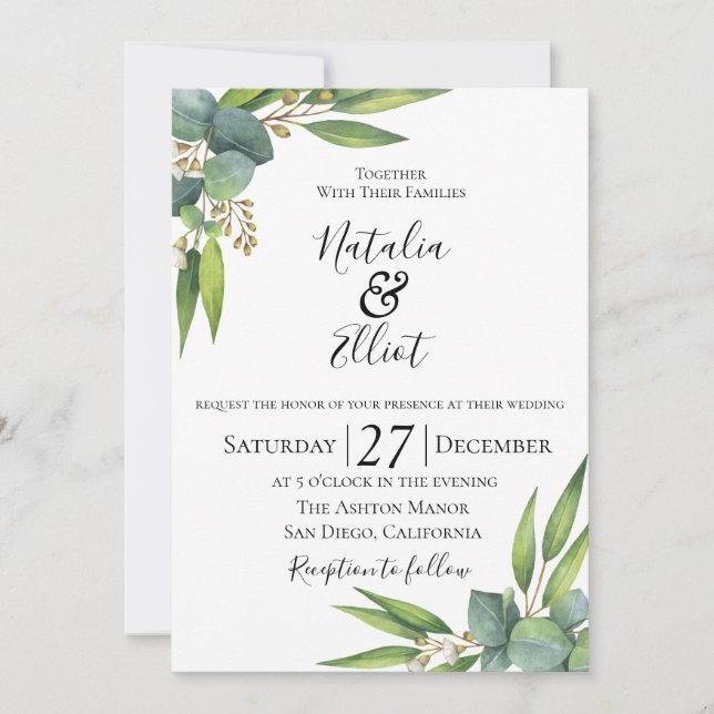 Invitación a la boda botánica de Eucalyptus (Anverso)