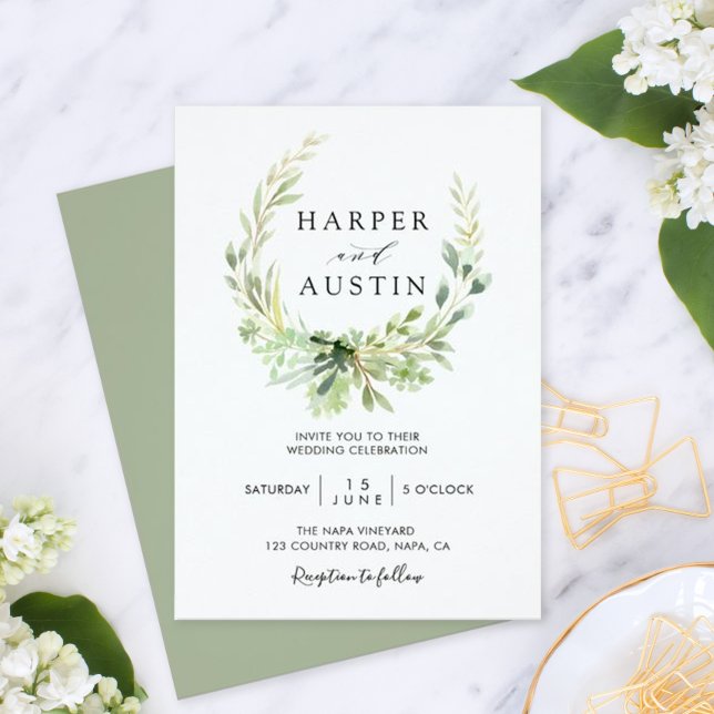 Invitación a la boda botánica de la guirnalda verd (Subido por el creador)