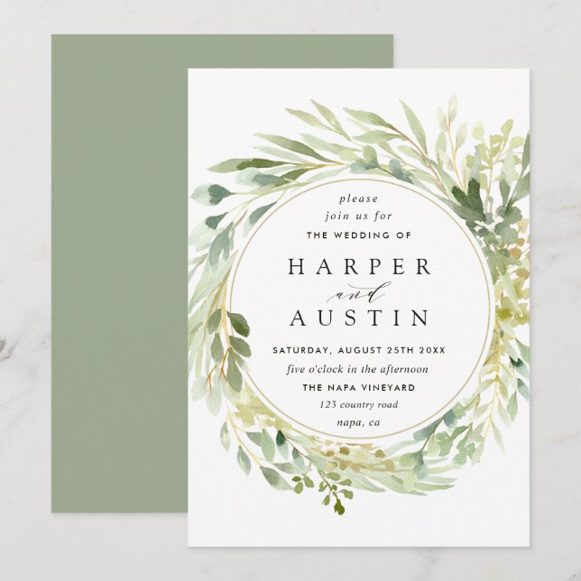 Invitación a la boda botánica de la guirnalda verd (Anverso / Reverso)