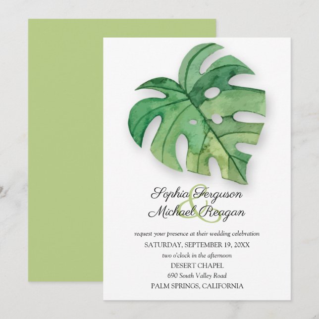 Invitación a la boda botánica de la hoja tropical  (Anverso / Reverso)
