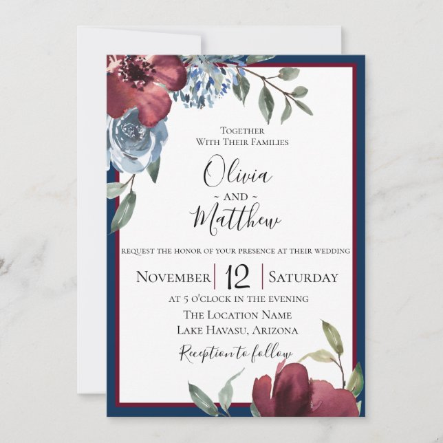 Invitación a la boda botánica de la Marina Azul Bo (Anverso)