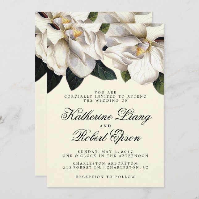 Invitación a la Boda Botánica de Magnolia Meridion (Anverso / Reverso)