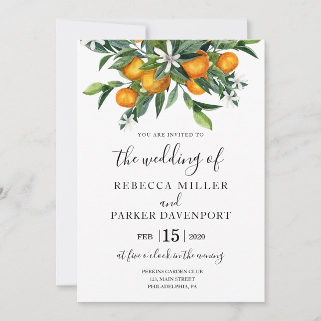 Invitación a la boda botánica de naranjas (Anverso)