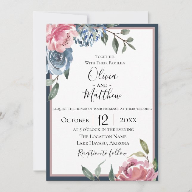 Invitación a la boda botánica de Navy Blue Mauve (Anverso)