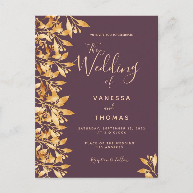 Invitación a la boda botánica de oro púrpura de Ca (Anverso)
