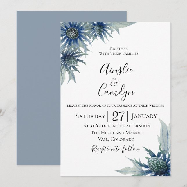 Invitación a la boda botánica del cardo azul (Anverso / Reverso)