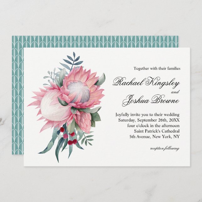 Invitación a la boda botánica del Rey Rosa Protea (Anverso / Reverso)