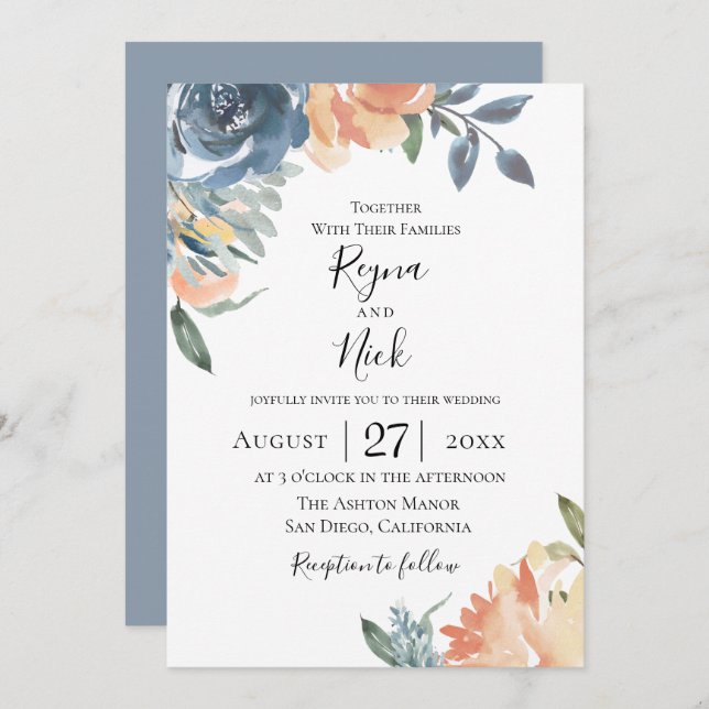 Invitación a la Boda Botánica Dusty Blue Peach (Anverso / Reverso)