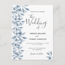 Invitación a la boda botánica en blanco azul