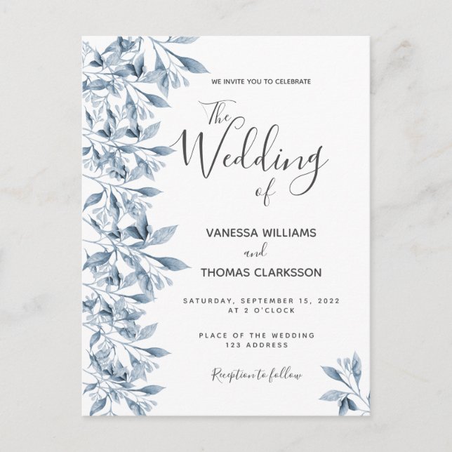 Invitación a la boda botánica en blanco azul (Anverso)