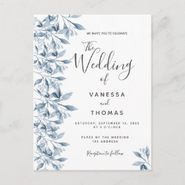 Invitación a la boda botánica en blanco azul