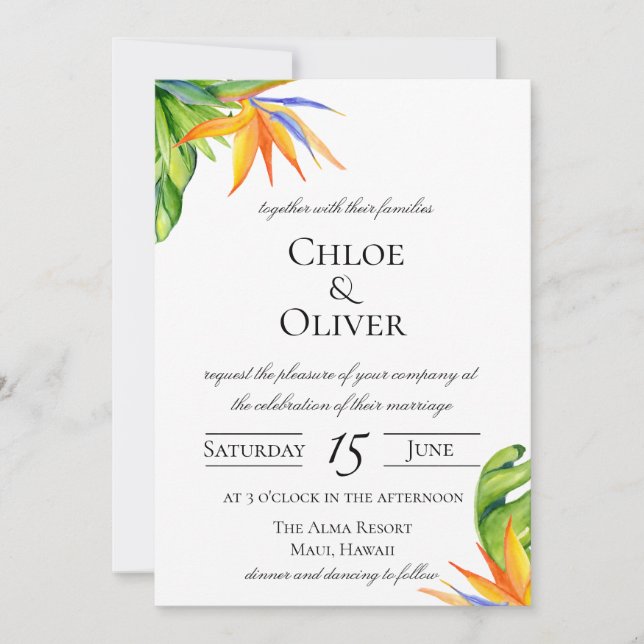 Invitación a la boda botánica en Isla Tropical (Anverso)
