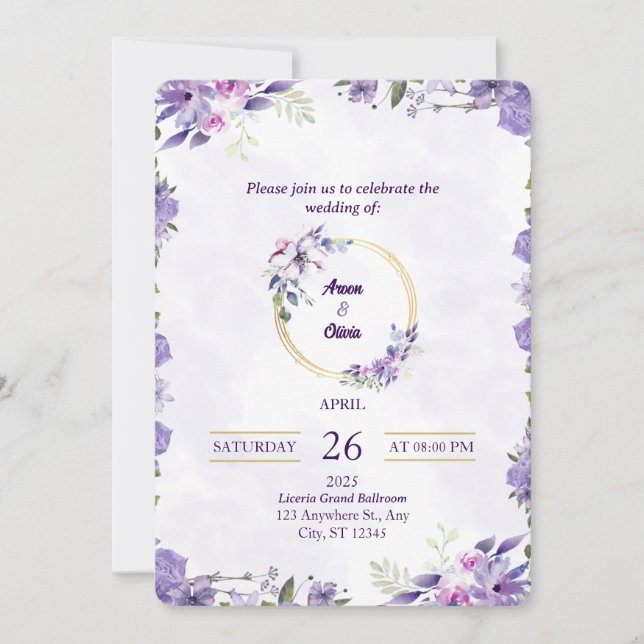 Invitación a la boda botánica floral púrpura (Anverso)