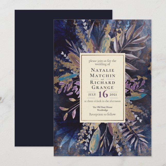 Invitación a la boda botánica Moody Bouquet (Anverso / Reverso)