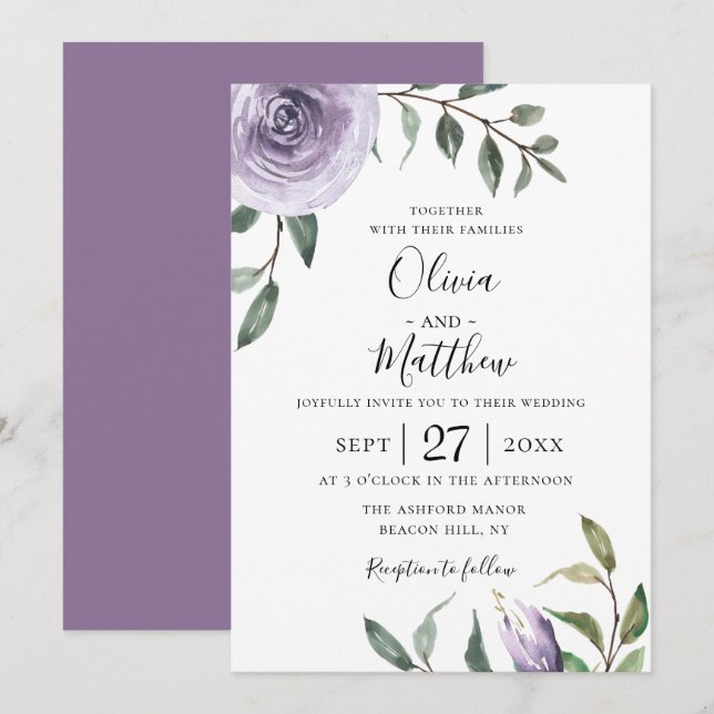 Invitación a la boda botánica púrpura de Wisteria (Anverso / Reverso)