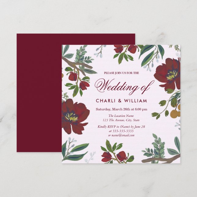 Invitación a la Boda Botánica Rojo Elegante Borgoñ (Anverso / Reverso)