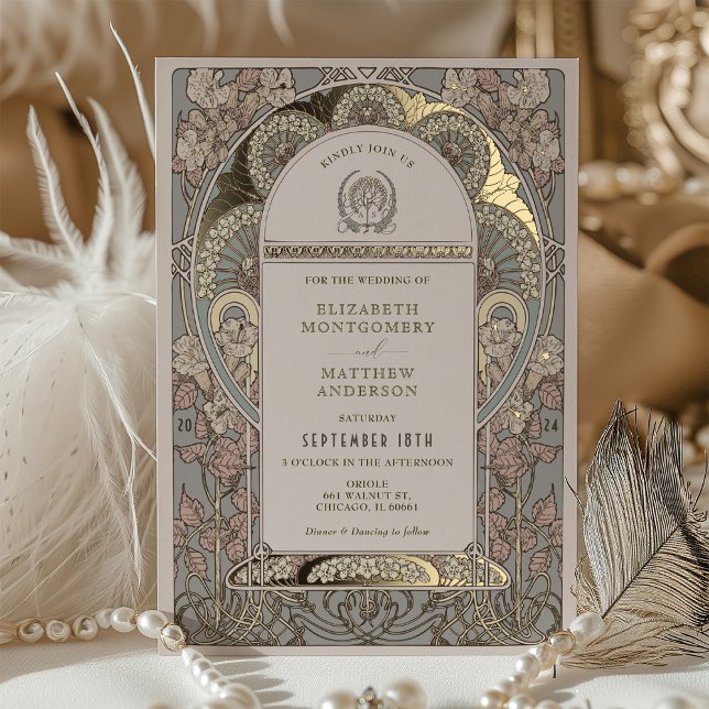 Invitación a la boda botánica Rosa de oro Art Nouv (Subido por el creador)