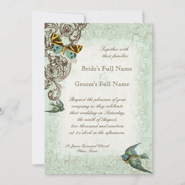 Invitación a la boda botánica - Verde azul (Anverso)