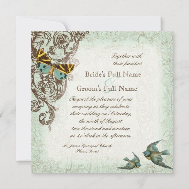 Invitación a la boda botánica - Verde azul (Anverso)