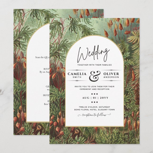 Invitación a la Boda Botánica Verde de Terracota V (Anverso / Reverso)