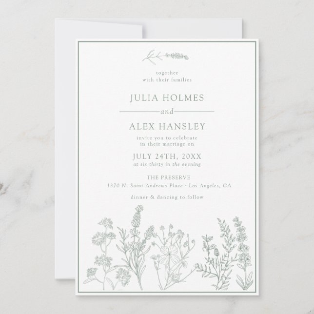 Invitación a la boda botánica verde sabio (Anverso)