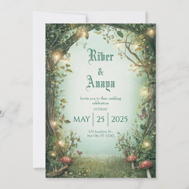 Invitación a la Boda Brillante de Jardín Encantada (Anverso)