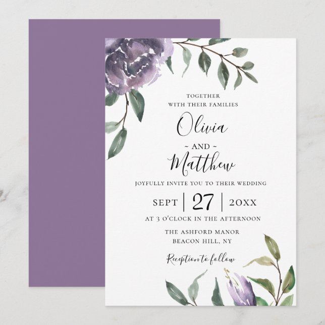 Invitación a la boda bruta-floral púrpura (Anverso / Reverso)