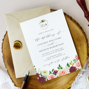 invitación a la boda burgundy floral escudo