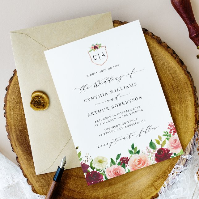 invitación a la boda burgundy floral escudo (Subido por el creador)