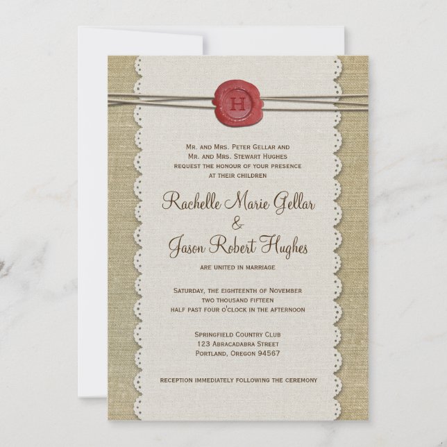 Invitación a la boda Burlap (Anverso)
