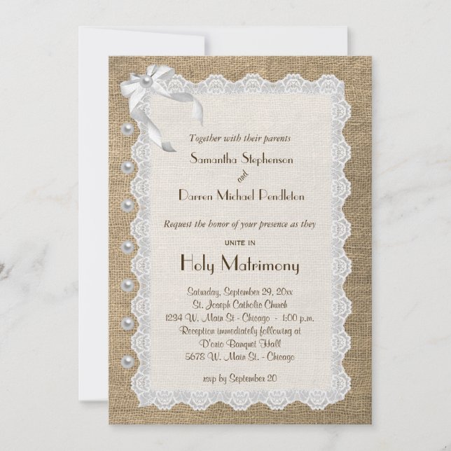 Invitación A La Boda Burlap Y Pearls (Anverso)