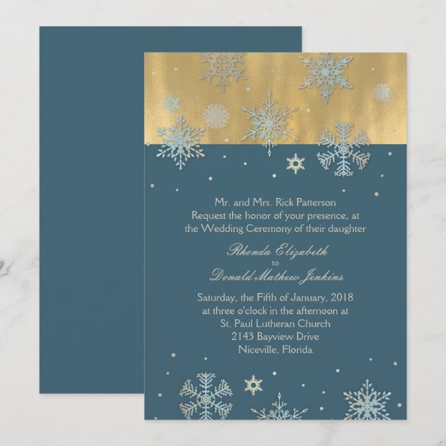 Invitación a la boda Cadet Blue and Gold Snowflake (Anverso / Reverso)