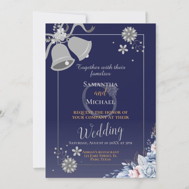 Invitación a la boda: campana azul y plata, rsvp,  (Anverso)