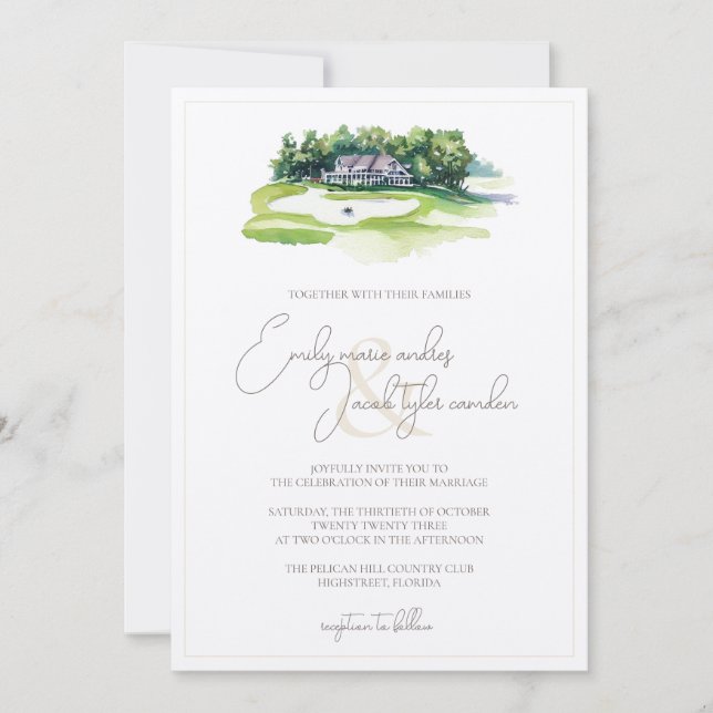 Invitación a la boda - Campo de golf en acuarela (Anverso)