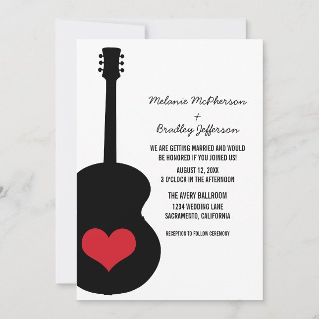 Invitación a la boda cardíaca de guitarra roja/neg (Anverso)
