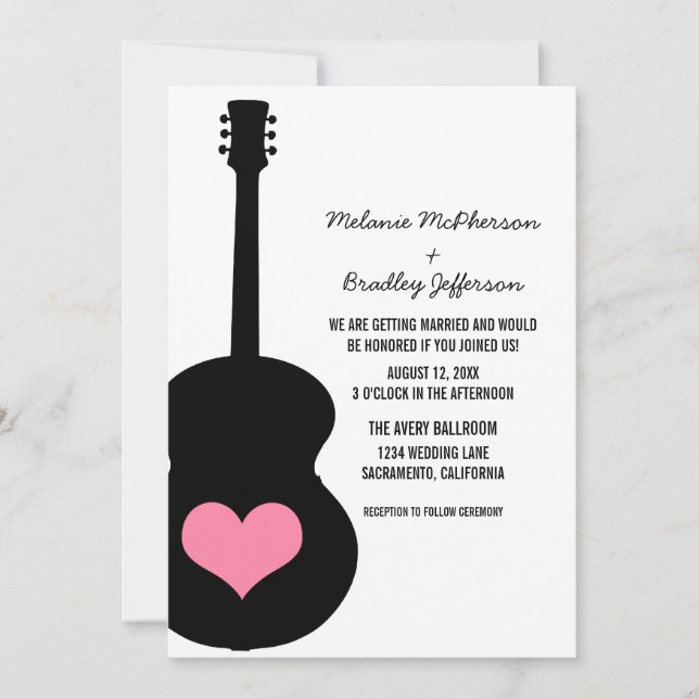 Invitación a la boda cardíaca de guitarra rosa/neg (Anverso)